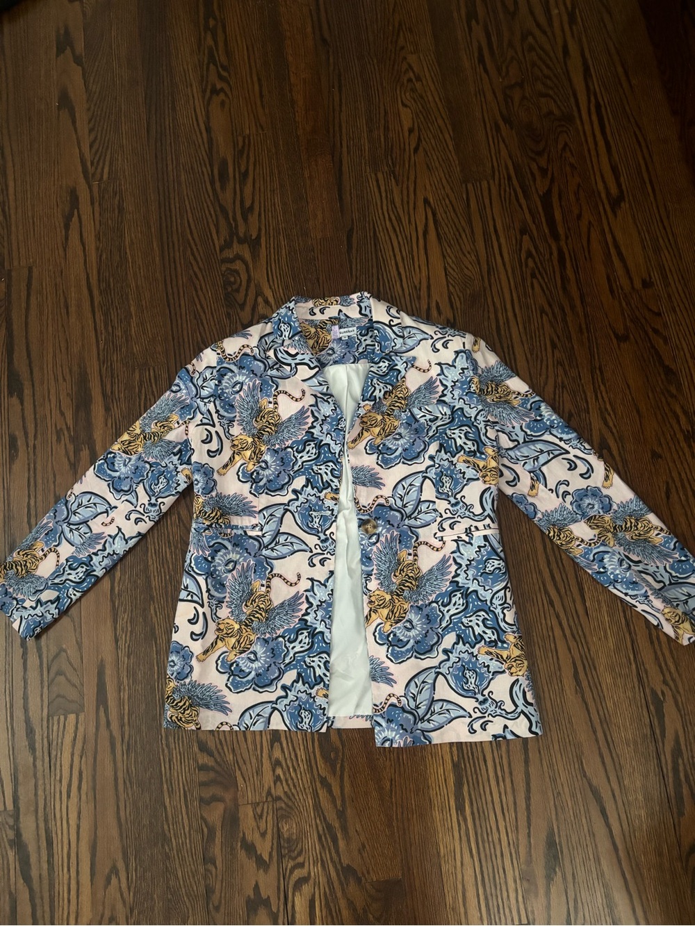 Las Surenas Flying Tiger Blue & Pink Linen Blend Blazer Medium
